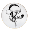 Dalmation in a santa hat in black and white ink design, on white fine bone china plate with gold detailing