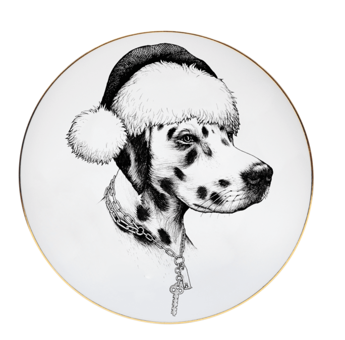 Dalmation in a santa hat in black and white ink design, on white fine bone china plate with gold detailing