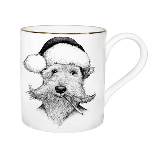 dog wearing christmas hat mug by rory dobner