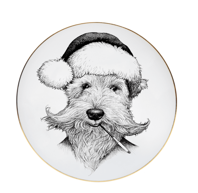 Welsh Terrier Dog wearing Christmas hat and smoking cigarette in ink design on white fine bone china plate with 22 carat detailing