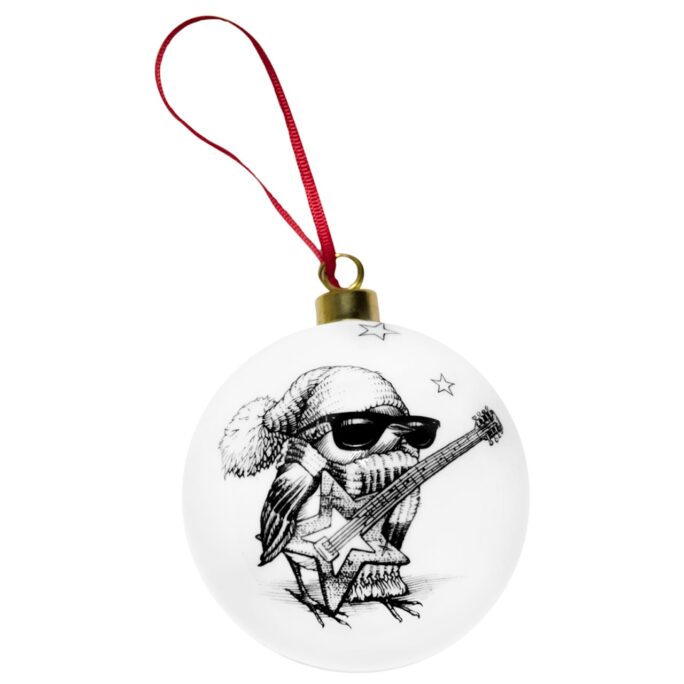 Bird wearing hat, sunglasses and holding guitar in ink design on white fine bone china bauble with red ribbon