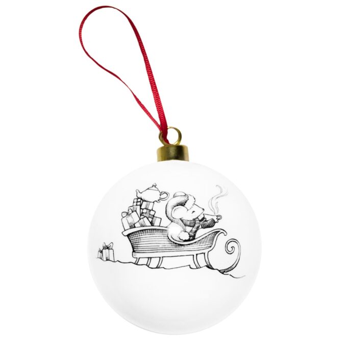 Mouse in sleigh in ink design on white fine bone china bauble