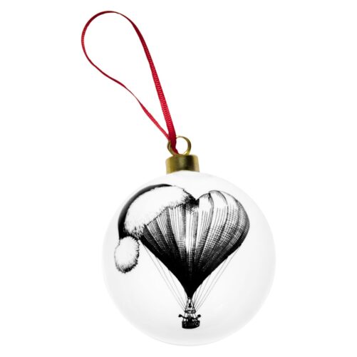 Heart balloon with Christmas hat in ink design on fine bone china bauble with red ribbon