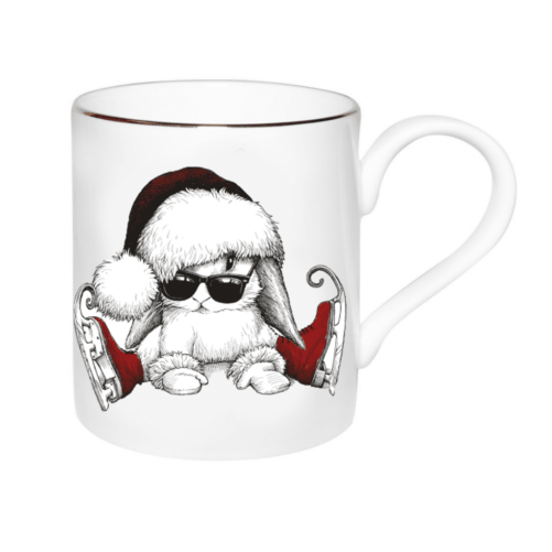 Image of clumsy bunny on ice skates 09002-RCB with red and gold detailing, For Christmas. Majestic Mug