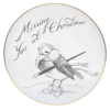 Black and white italic writing saying Missing You at Christmas with a robin holding a quill.