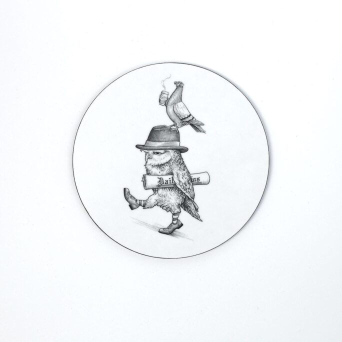 Owl wearing hat and holding newspaper with the dove sitting on top of the hat in Intricate Illustration on melamine coaster