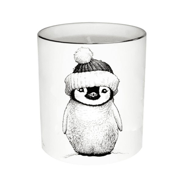 Penguin wearing hat in ink design on fine bone china cutesy candle