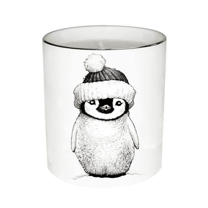 Penguin wearing hat in ink design on fine bone china cutesy candle