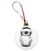 Penguin wearing a Christmas hat in ink design on white fine bone china bauble with red ribbon