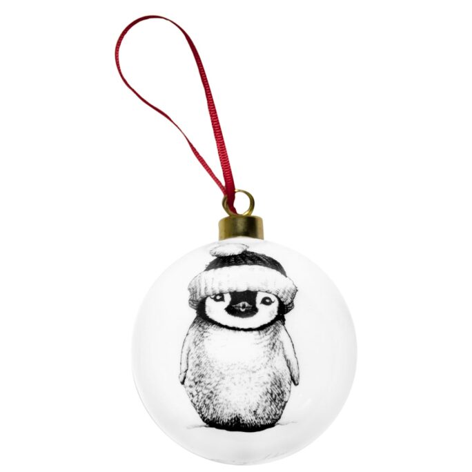 Penguin wearing a Christmas hat in ink design on white fine bone china bauble with red ribbon