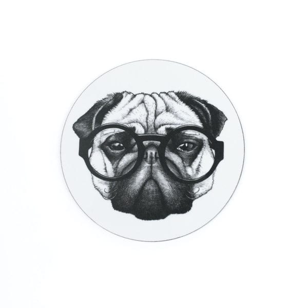 Pug portrait wearing glasses in ink design on melamine