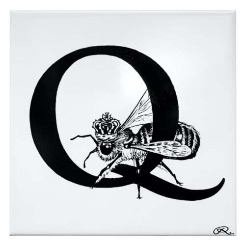 White ceramic Queen Bee tile. Every tile is hand decorated with a unique Rory Dobner Intricate Ink Illustration telling each letter’s story.