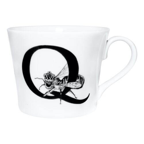 Q letter with a bee wearing a crown sitting on it in ink design on white bone china mug