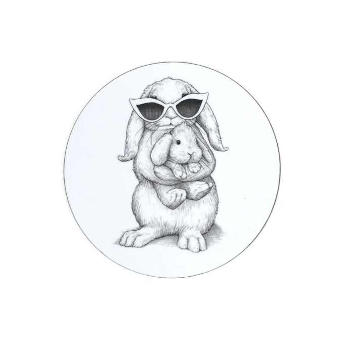 Mother rabbit holding child rabbit wearing sunglasses in ink design on Melamine
