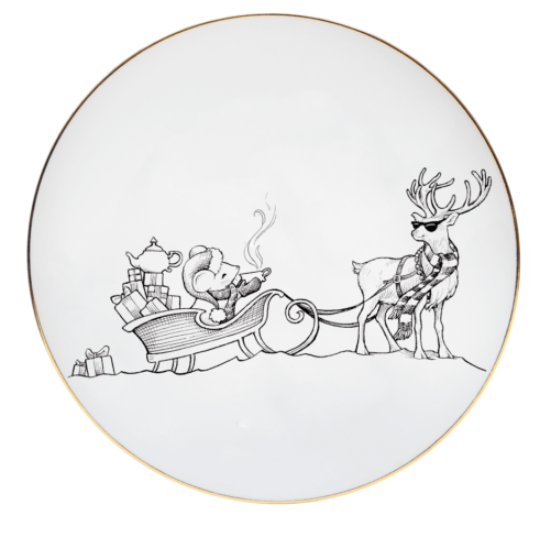 Reindeer with the mouse inside sleigh in ink design on fine bone china plate