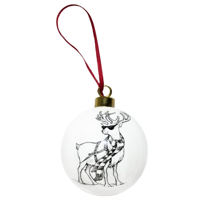 Reindeer wearing sunglasses and scarf on white fine bone china bauble in ink design