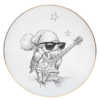 Black and White Robin wearing Santa hat and shade holding guitar in ink design on white fine bone china plate