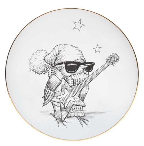 Black and White Robin wearing Santa hat and shade holding guitar in ink design on white fine bone china plate