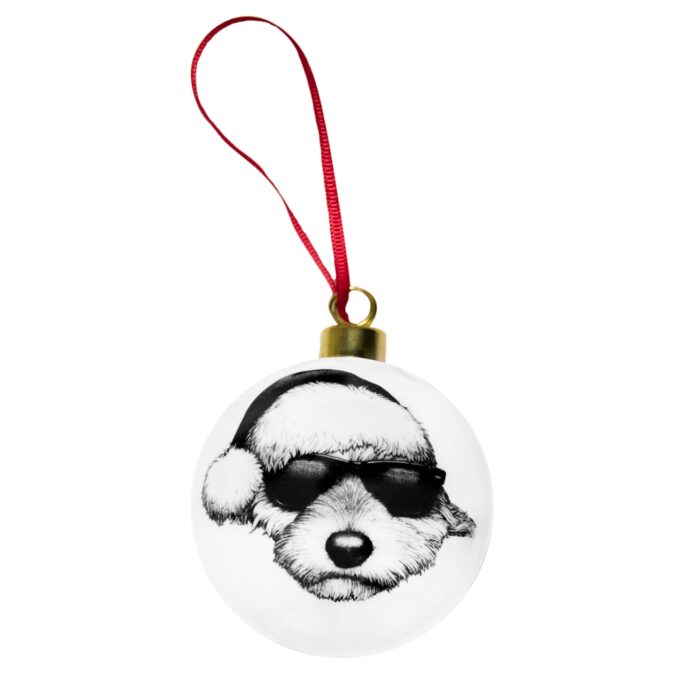 Cockapoo dog wearing Christmas hat and sunglasses in ink design on white fine bone china bauble