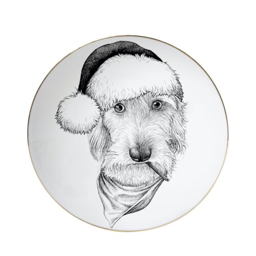 Dog with Sanat hat, scarf and cigarette ink ink design on fine bone china plate