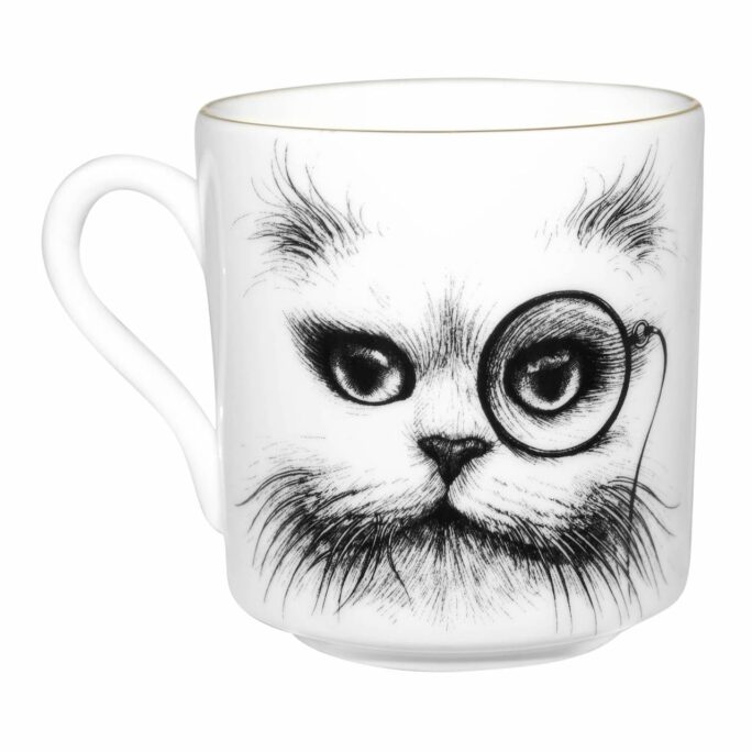 Cat portrait with monocle on white fine bone china saucer