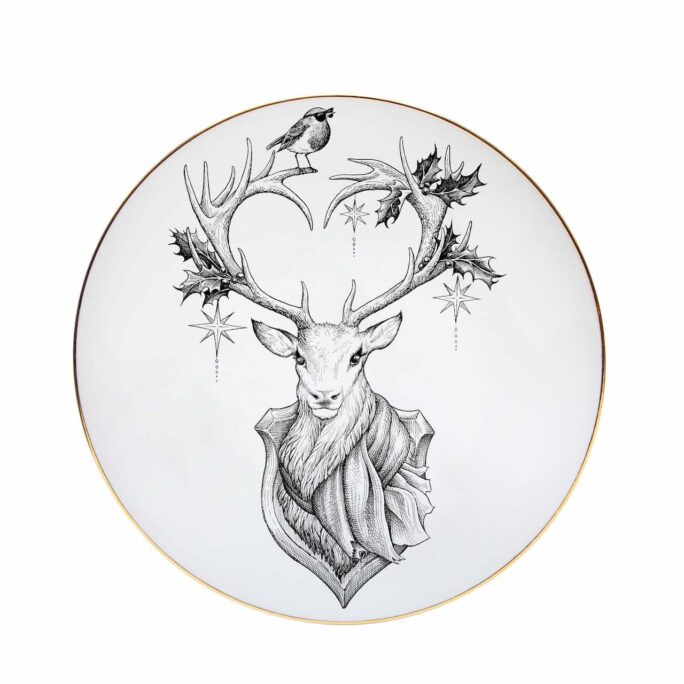 Black and white illustration of Reindeer with antlers in a heart shape decorated with holly and a robin preched on top ink design on white fine bone china plate
