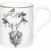 Reindeer with two birds in ink design on white fine bone china mug with 22 carat detailing