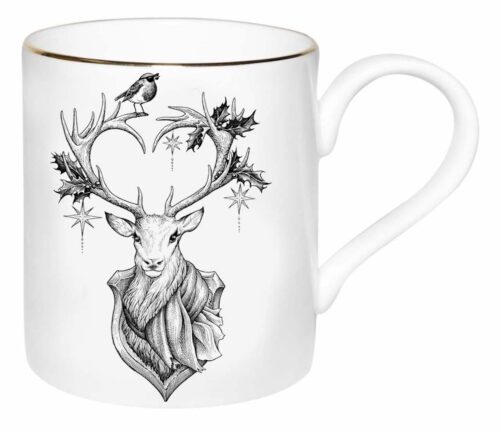 Reindeer with two birds in ink design on white fine bone china mug with 22 carat detailing