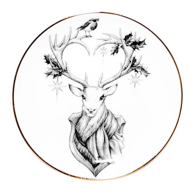 Raindeer in ink design on white fine bone china plate with 22 carat detailing