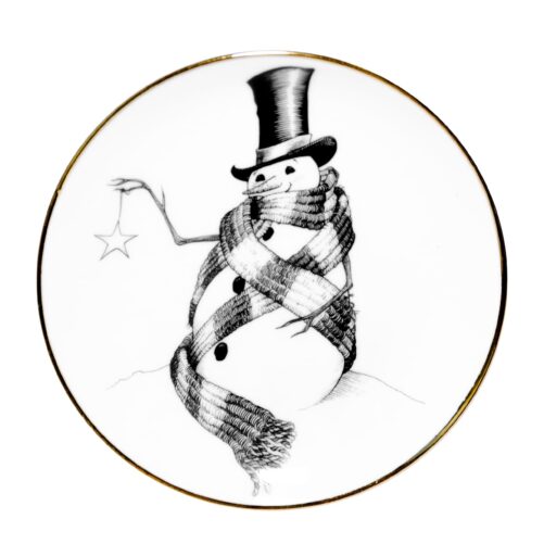 Snowman wearing a top hat wrapped in scarf holding a star ink design on a fine bone china plate