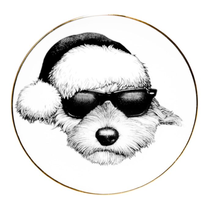 Cockapoo wearing Christmas hat and sunglasses in ink design on white fine bone china plate