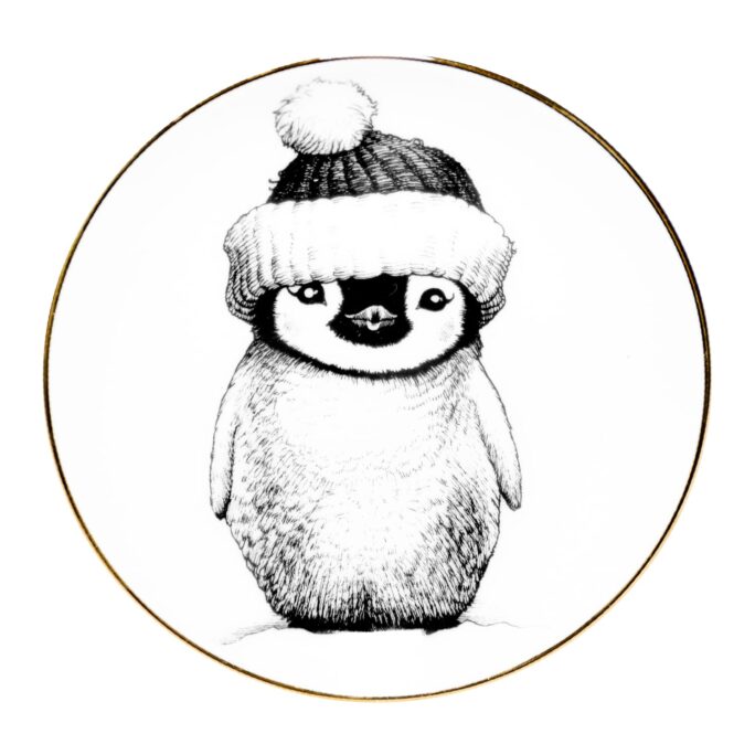 Penguin wearing a Christmas hat in ink design on white fine bone china coaster