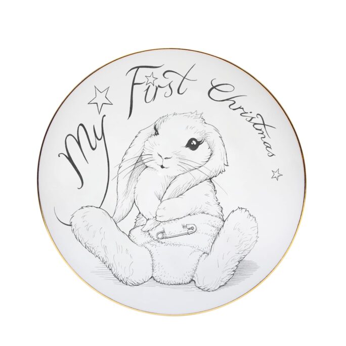 Image of plate with My First Christmas writing with illustration of bunny in a nappy