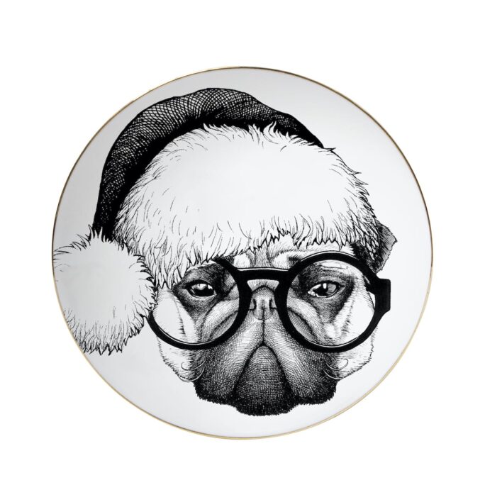 pug wearing Christmas hat and spectacles in ink design on white fine bone china plate with 22 carat detailing