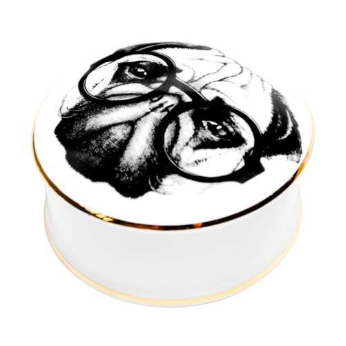White Fine Bone China 'Percy Pugworthy' Pug Dog Trinket Box hand decorated and then hand edged in 22 carat gold with jet black ink design.