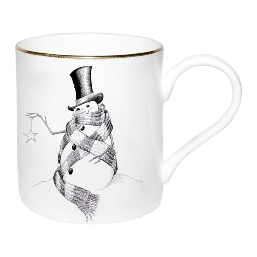 snowman wearing scarf and tophat holding star in ink design on fine bone china with 22 carat detailing