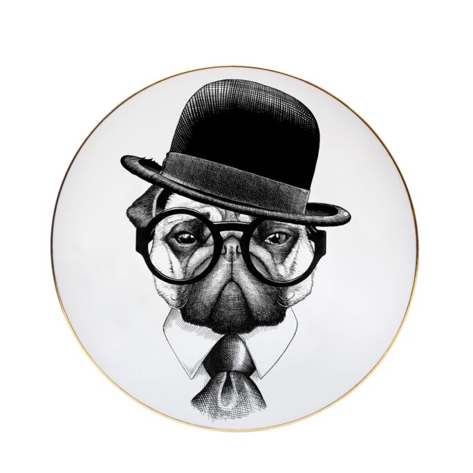 pug with glasses and hat plate by rory dobner